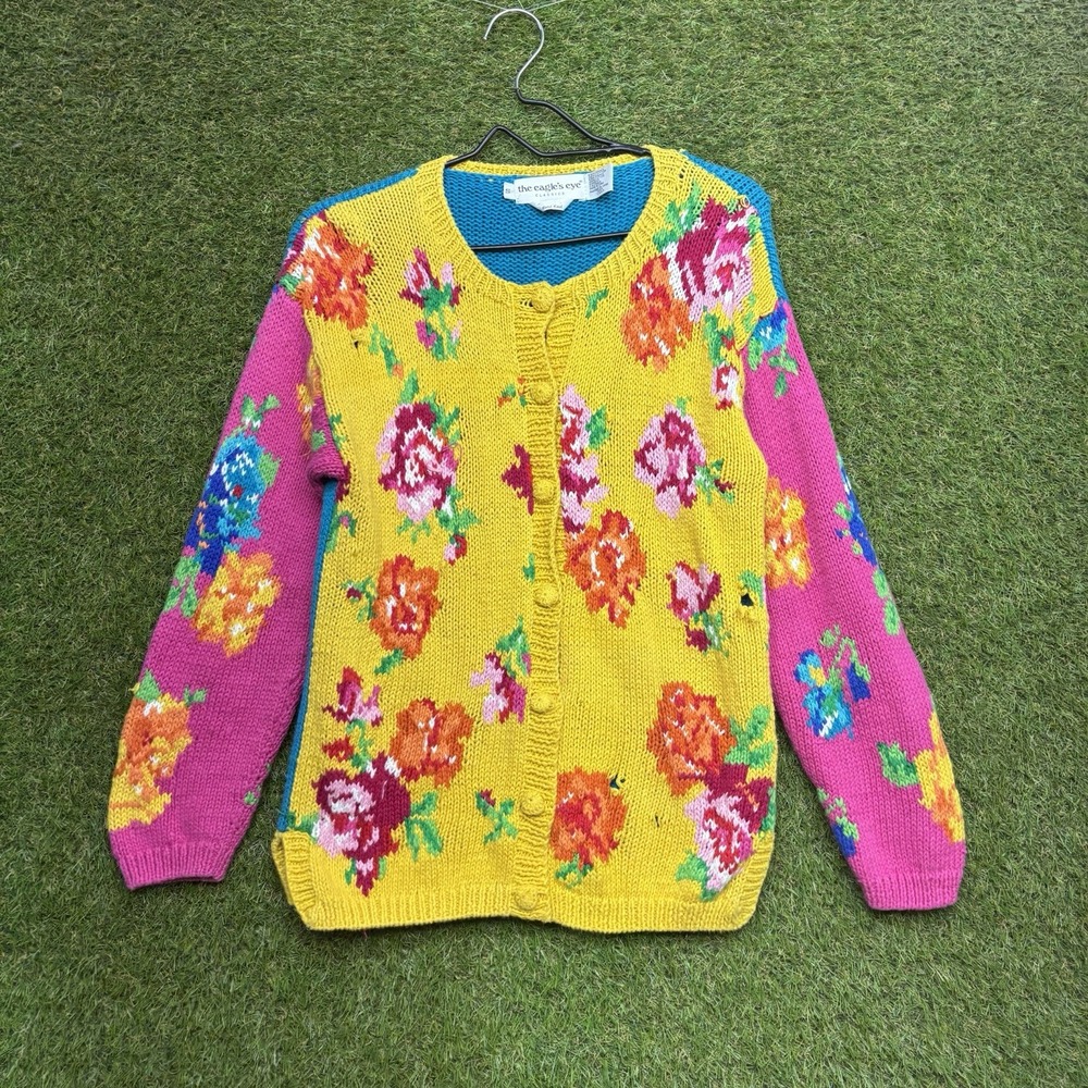 Vintage The Eagle's Eye Sweater Mens Small AOP Hand Knit Floral Cardigan 90s